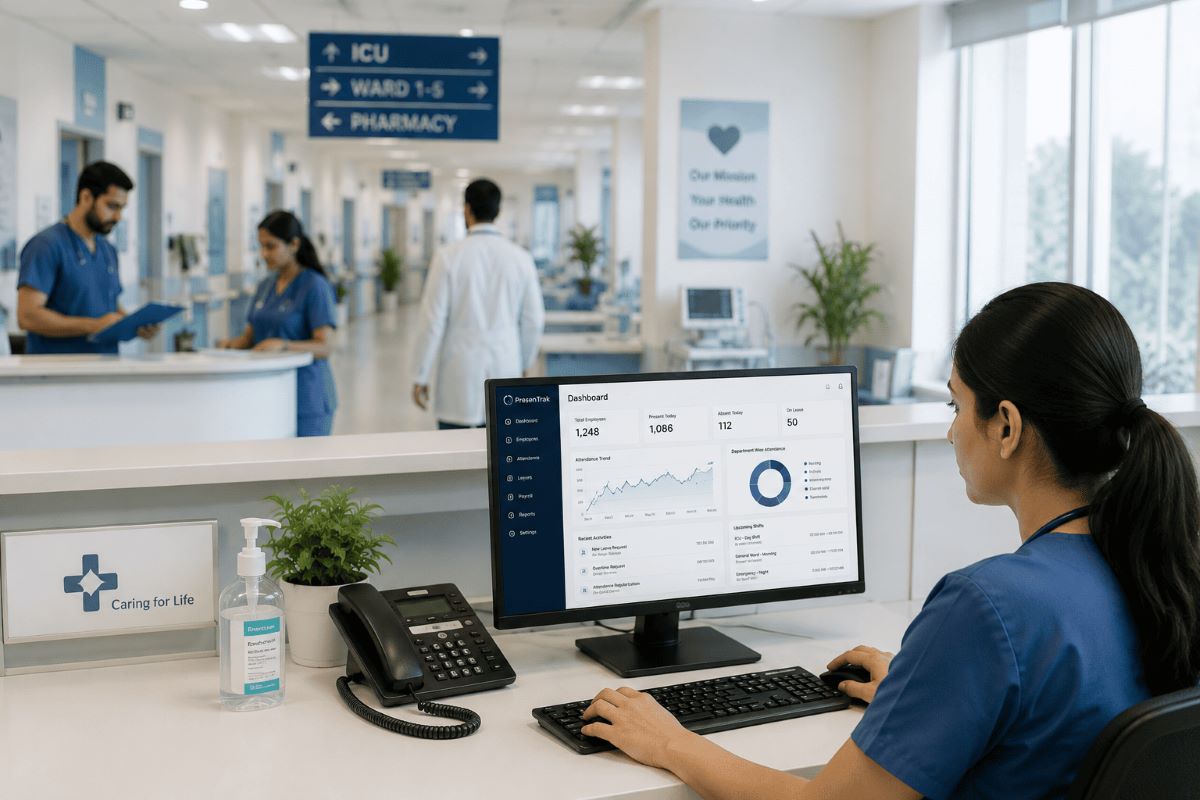 Hospital attendance and payroll software dashboard for healthcare workforce management