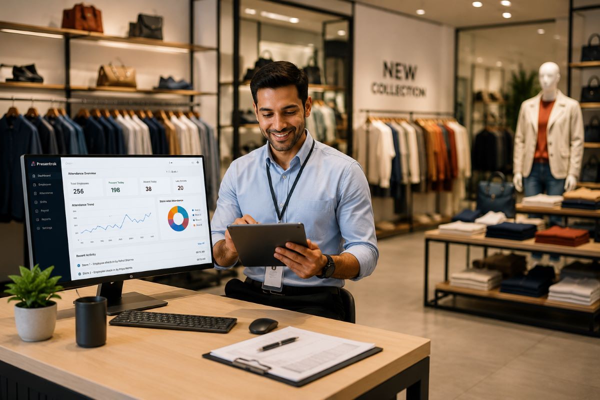 Attendance and payroll software dashboard for retail businesses and showrooms