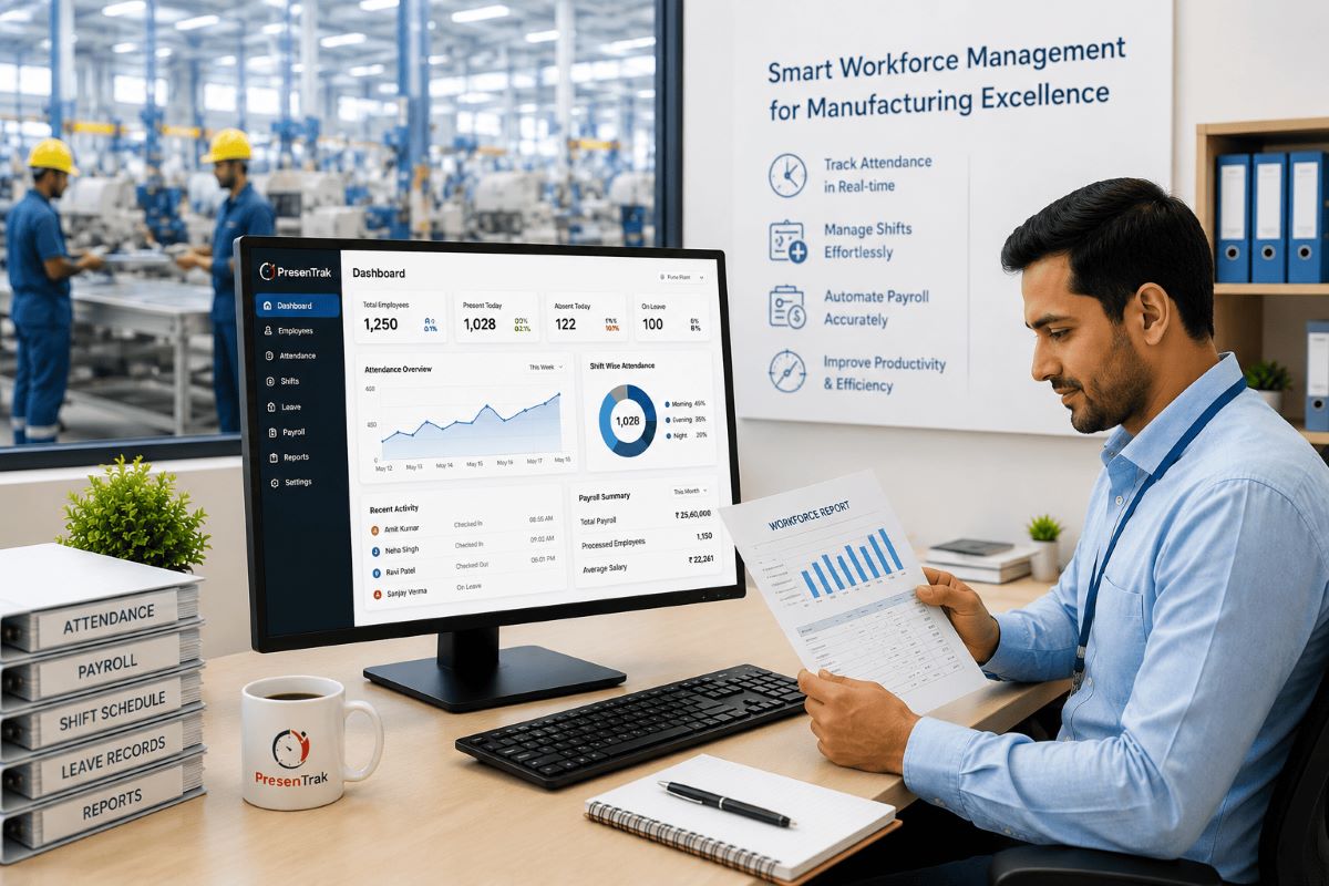 Attendance and payroll software dashboard for factories and manufacturing units