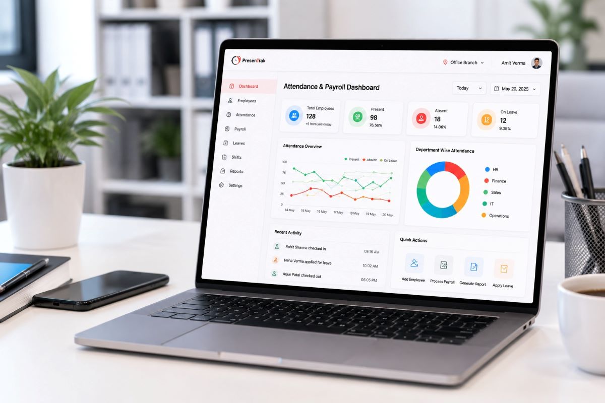 Attendance and payroll software dashboard for offices and corporate businesses