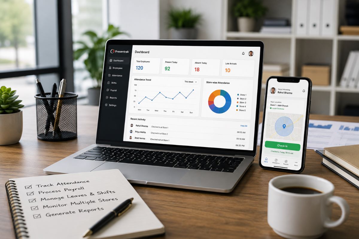 Attendance and payroll software dashboard for retail businesses and showrooms
